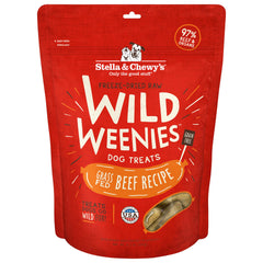 Stella & Chewy's Wild Weenies bag front showcases grass-fed beef recipe for protein-rich rewards.