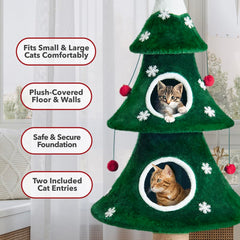 Stephan Roberts cat Christmas tree plush condos highlight cozy hideaways for relaxing during busy holidays.