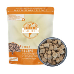Steve's Real Food pork nuggets packshot highlights convenient raw feeding for dogs and cats.
