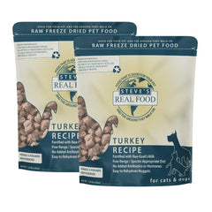 Steve's Real Food freeze-dried turkey nuggets bag open for quick, convenient raw meals.