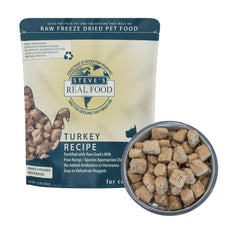 Steve's Real Food freeze-dried turkey nuggets closeup showing texture for easy feeding.