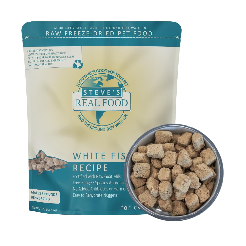 Steve's Real Food freeze-dried white fish nuggets in a bowl for a complete tasty meal.