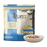 Steve's Real Food Quest packaging of freeze-dried raw white fish nuggets for convenient raw feeding