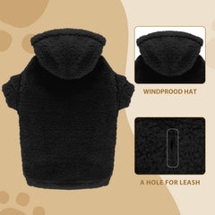 Stpiatue dog coat hooded sweatshirt back view highlights leg-friendly fit.