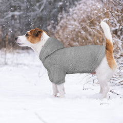 Stpiatue dog hoodie grey back view emphasizes full coverage and snug fit.