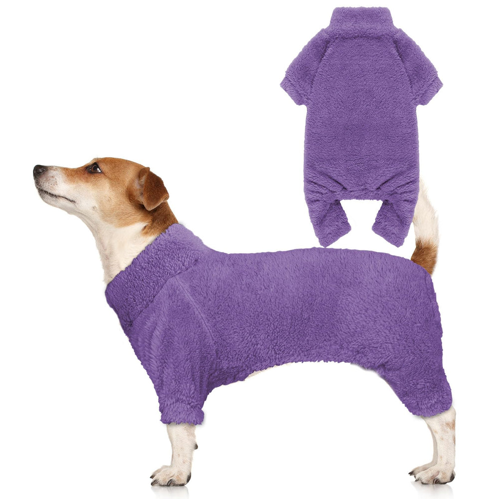 Stpiatue fuzzy dog pajamas with turtleneck in purple, front view for warmth and cozy fit.