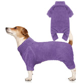 Stpiatue fuzzy dog pajamas with turtleneck in purple, front view for warmth and cozy fit.