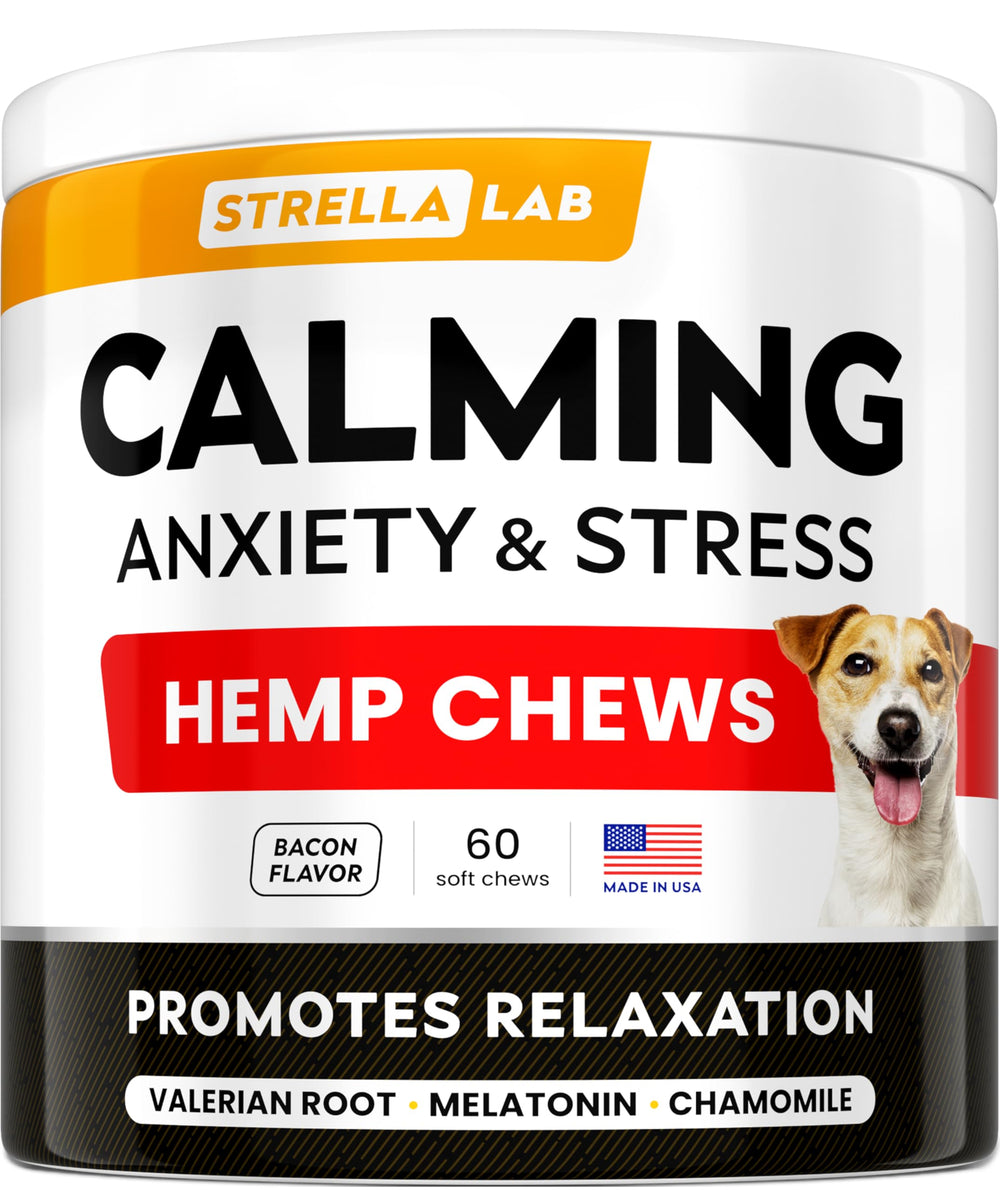 STRELLALAB Advanced Calming Chews bottle—visualizes dog anxiety relief for fireworks and storms.
