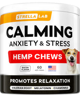 STRELLALAB Advanced Calming Chews bottle—visualizes dog anxiety relief for fireworks and storms.