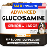 STRELLALAB bottle closeup showing advanced glucosamine chews for mobility support.