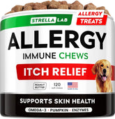 STRELLALAB dog-allergy-chews-bottle: convenient immune-support chew for seasonal allergies.