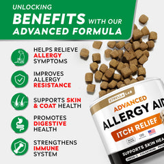STRELLALAB Dog Allergy Relief Chews close-up shows easy-to-chew bites for dogs of all sizes.