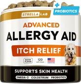 STRELLALAB Dog Allergy Relief Chews omega-3 packshot highlights premium ingredients for immune support.