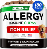 STRELLALAB dog allergy chews packaging shows USA-made quality and natural ingredients for skin support.