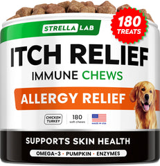 STRELLALAB dog allergy relief chews packaging shows natural ingredients for skin support.
