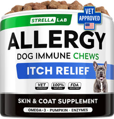 STRELLALAB dog allergy relief chews omega-3; soothing itchy skin.