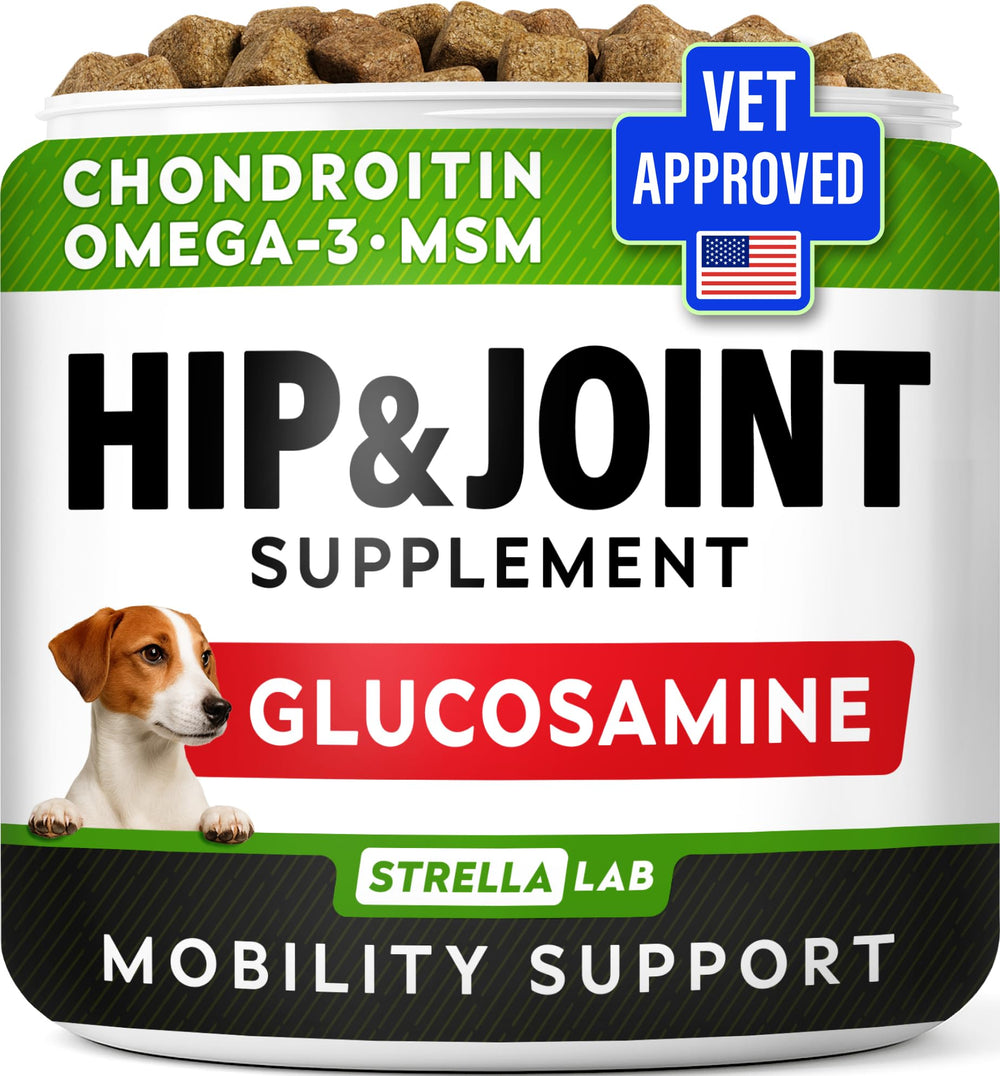 STRELLALAB dog joint supplement bacon chews bag promotes mobility and daily activity.