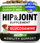 STRELLALAB dog joint supplement bacon chews bag promotes mobility and daily activity.