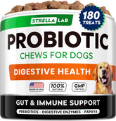 STRELLALAB Dog Probiotics Chews bottle showcases bacon flavor for easy daily gut support.