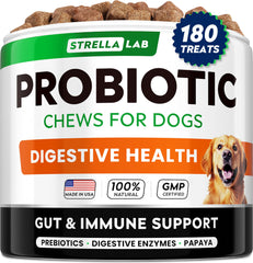 STRELLALAB Dog Probiotics Chews bottle showcases bacon flavor for easy daily gut support.