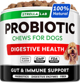 StrellaLab Dog Probiotics Treats bacon-chew boosts digestion with tasty flavor.