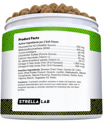 STRELLALAB glucosamine-chondroitin for dogs shown with chews promoting joint health and comfort.