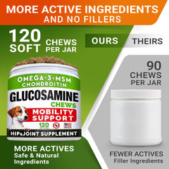 STRELLALAB Glucosamine dog chews ingredients highlight glucosamine, chondroitin, MSM and omega-3 benefits.