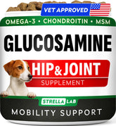 STRELLALAB Glucosamine Treats for Dogs bottle showing joint-supporting chews for mobility.