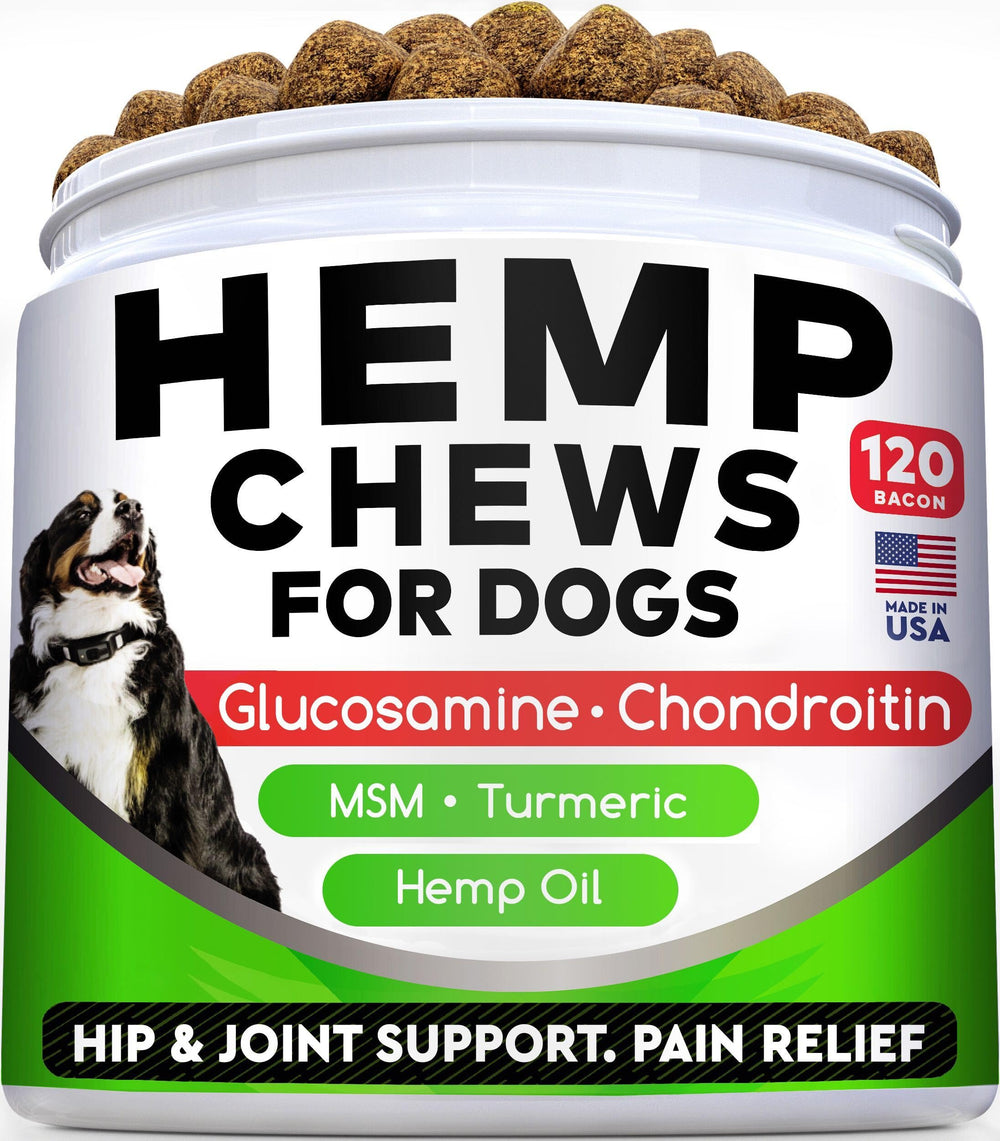STRELLALAB hemp chews bag highlights bacon flavor for dogs with joint support.