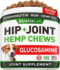 STRELLALAB hemp hip joint chews jar shown for dog joint support and mobility