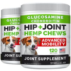 STRELLALAB large-breed hip joint chews bottle closeup promoting daily mobility.