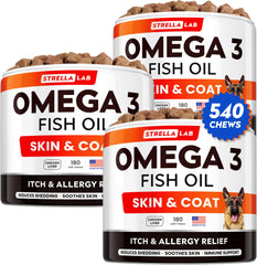 STRELLALAB Omega 3 dog chews packaging signals quality for skin-support routines.