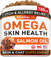 STRELLALAB Omega-3 for Dogs jar closeup showing skin-supporting chews.