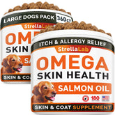 STRELLALAB Omega 3 dog chews packaging highlights two jars for long-lasting hip and skin support.