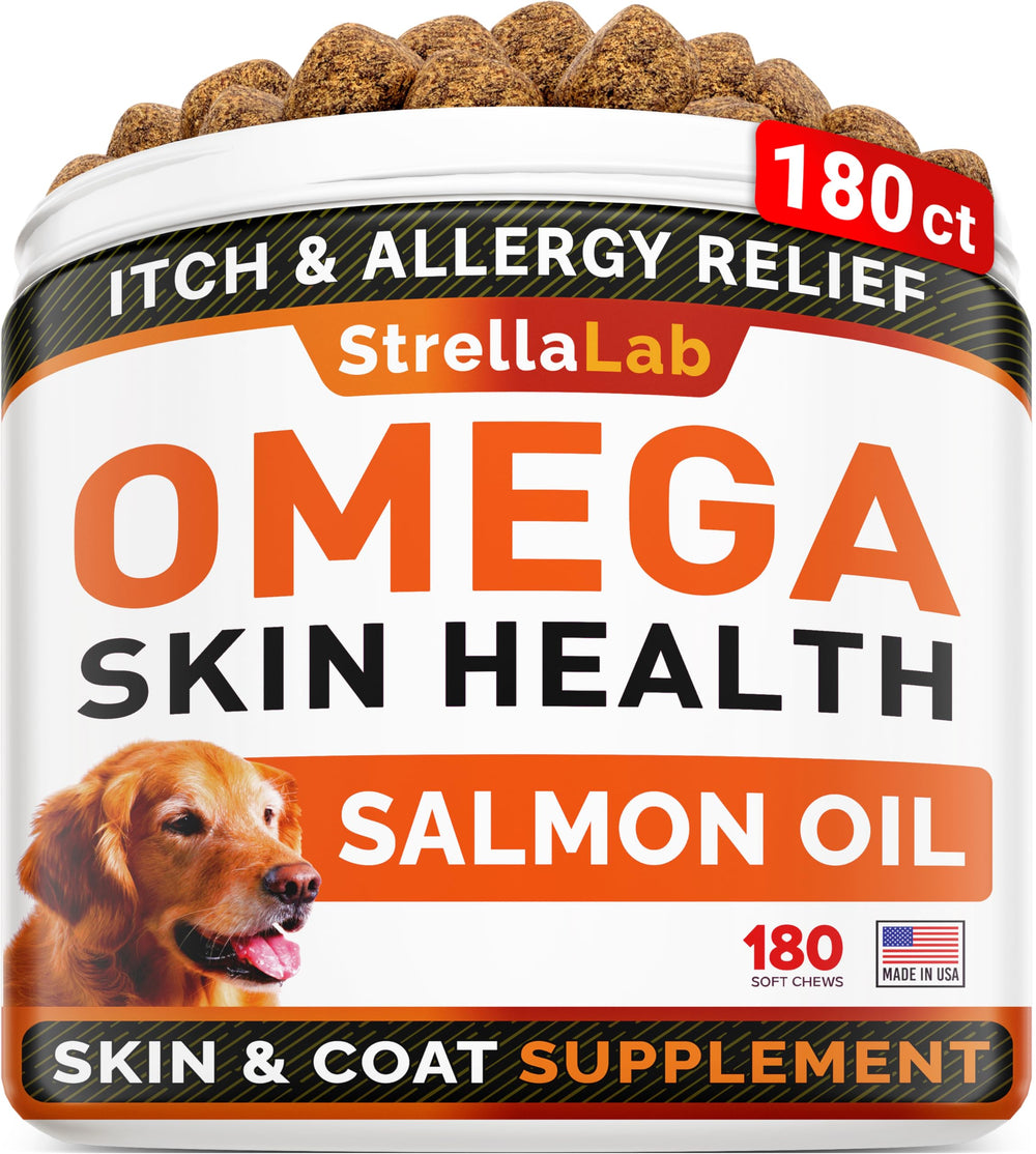 STRELLALAB Omega3 dogs jar close-up showing salmon oil chews for skin and coat health.