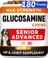 STRELLALAB senior dog joint supplement bottle shows bacon flavor for easy daily dosing.
