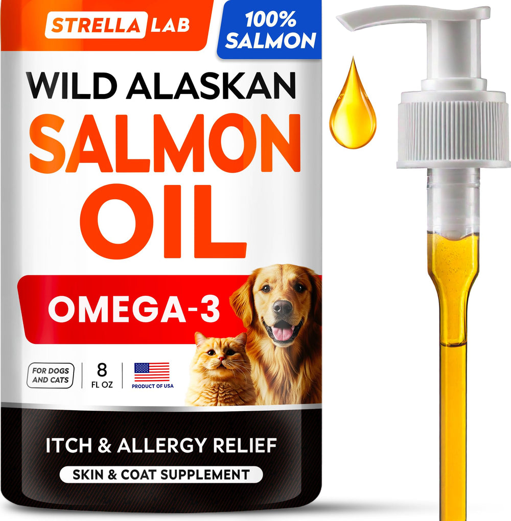 STRELLALAB Wild Alaskan Salmon Oil bottle highlights omega-3 for coat health
