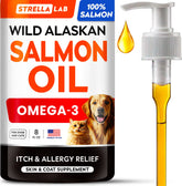 STRELLALAB Wild Alaskan Salmon Oil bottle highlights omega-3 for coat health