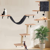 Sublimei cat wall shelves in dark wood with private cat house for cozy nap times.
