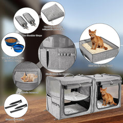 Suertree carrier includes bowls and litter box for convenience.