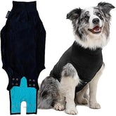 Suitical D Recovery Suit black S Plus worn on a dog after surgery for comfortable post-op coverage