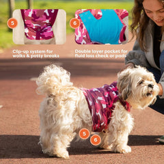 Suitical Recovery Suit pink camouflage demonstrates clip-up system for easy walks.