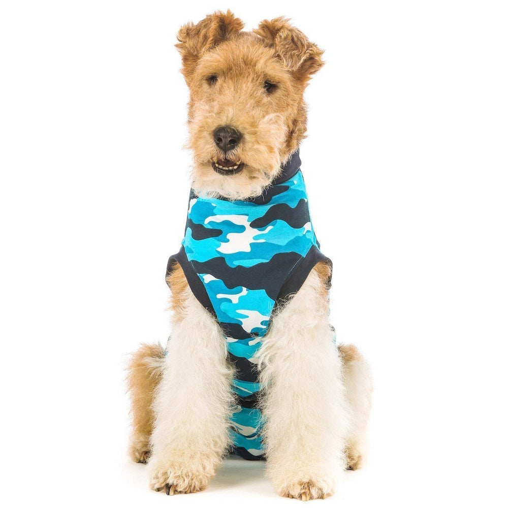 Suitical Recovery Suit on a dog in blue camouflage protects wounds and bandages.