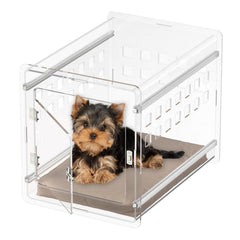 Sumerflos Clear Acrylic Dog Crate front view highlights visibility and ventilation.