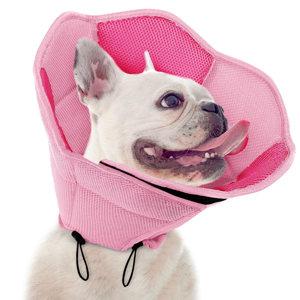 SUNFURA dog cone pink small front view shows breathable comfort for post-op wear