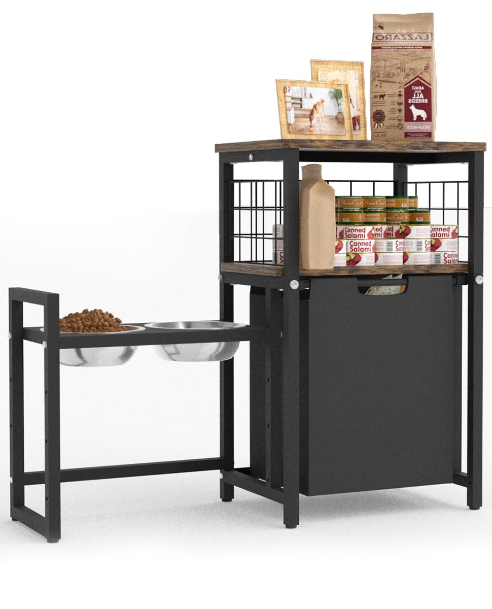 Sungaryard elevated dog bowl stand with storage shelf for mess-free feeding.