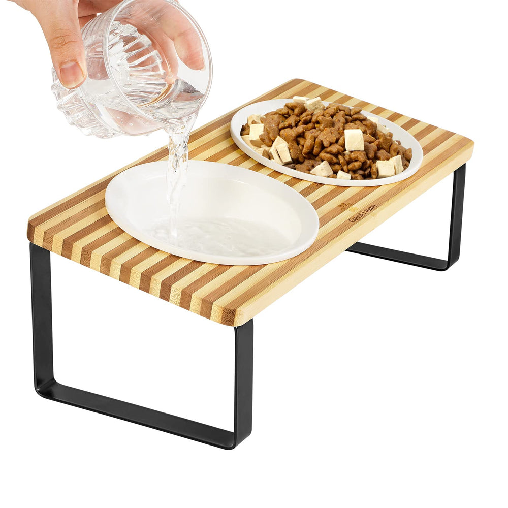Sunhoo ceramic elevated cat bowls on wood stand for cleaner mealtime and reduced mess.