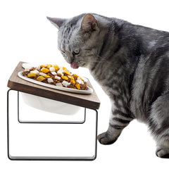 Sunhoo ceramic elevated cat bowls on a sturdy wooden stand for happier mealtimes