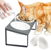 Sunhoo elevated cat bowls on a wooden stand promote comfortable eating posture.