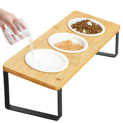 Sunhoo raised cat bowl assembly shows easy setup with sturdy wood stand.
